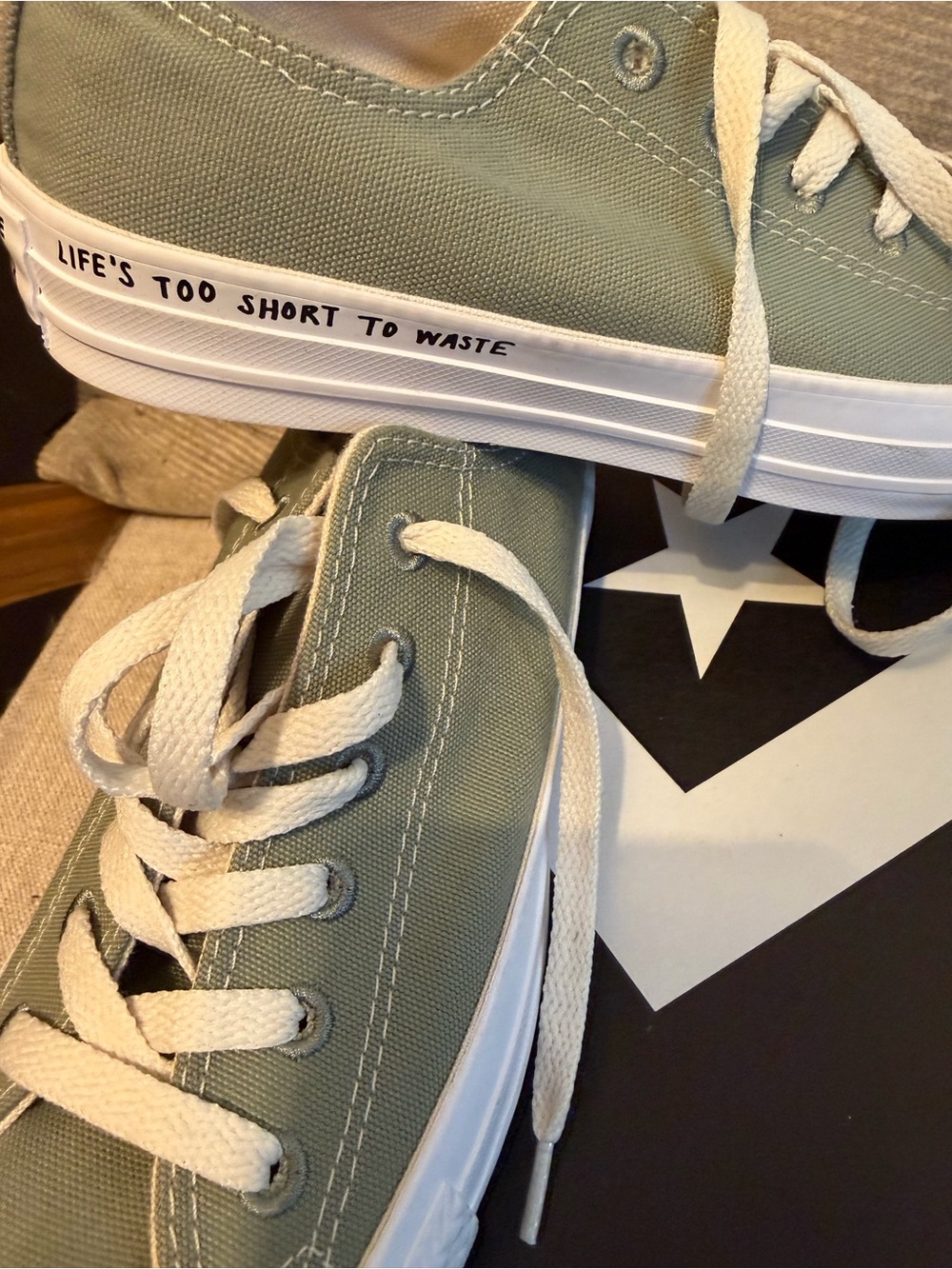 Converse Low-Top Sneakers in Sage Green and White with Slogan Accent NEW IN BOX